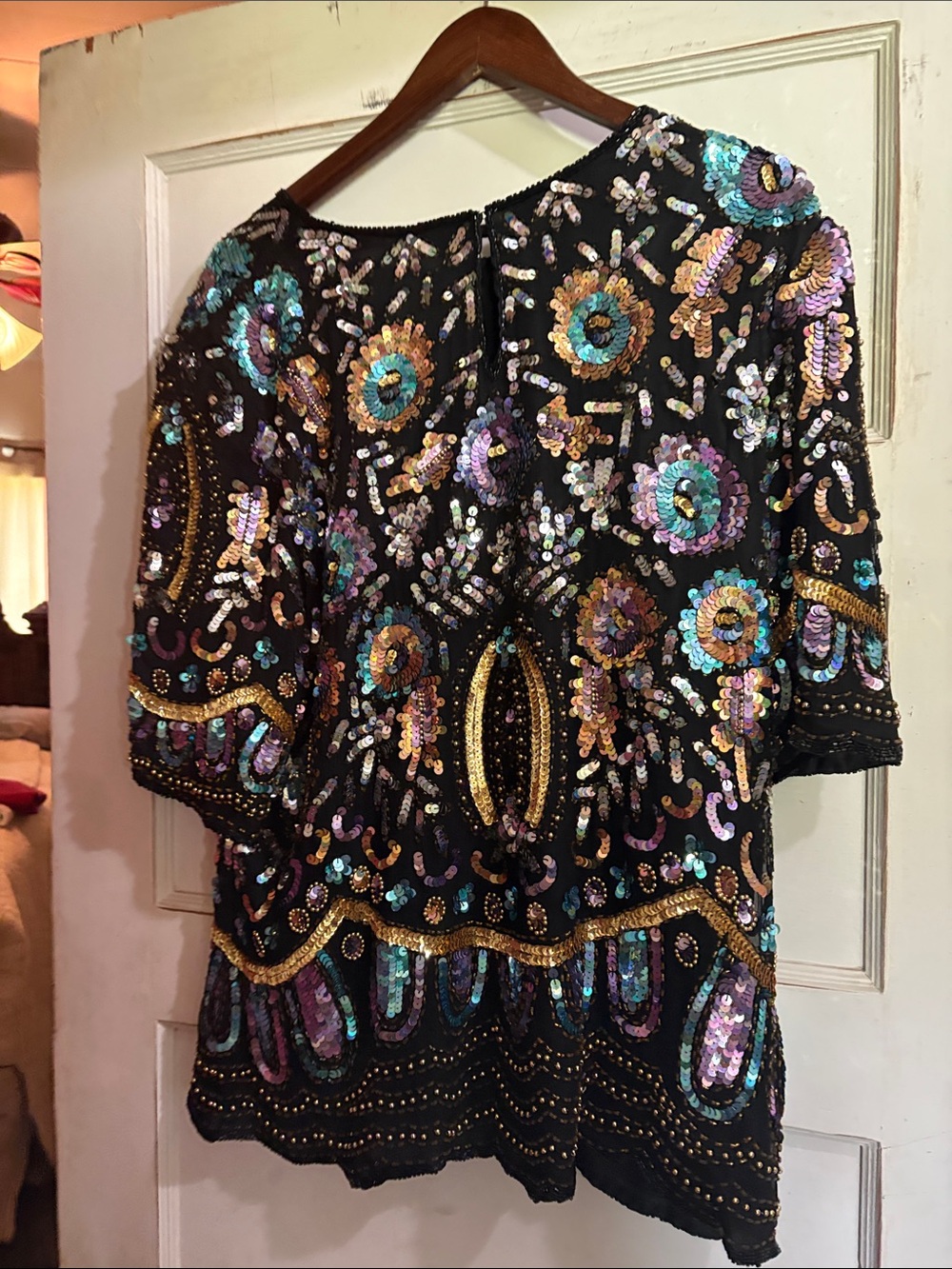 Embellished Black Sequin Floral Top. Heavily Beaded.